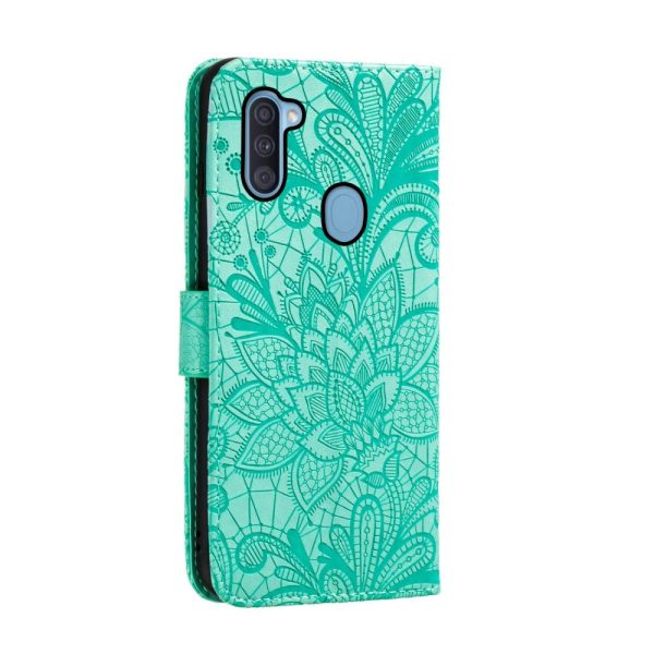 Samsung Galaxy M11 Blomster Blonder Læder Flip Cover - Turkis Cheap