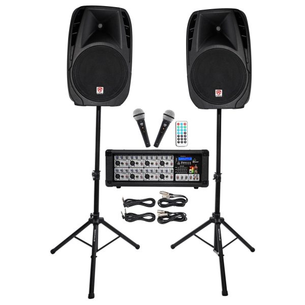 Rockville RPG2X15 Mixer Amp+15  Bluetooth Speakers+Stands+Mics+Headphones+Facade on Sale