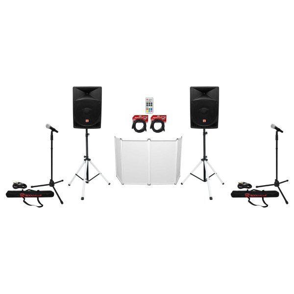 2) Rockville RPG15 15  Powered 1000w DJ PA Speakers+LED Stands+Facade+(2) Mics Cheap