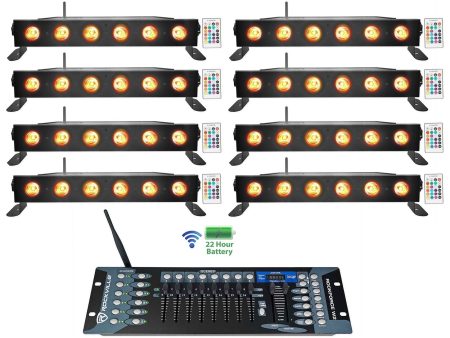 8) Rockville BEST STRIP 60 Black Rechargeable Light Bars+Wireless DMX Controller Supply