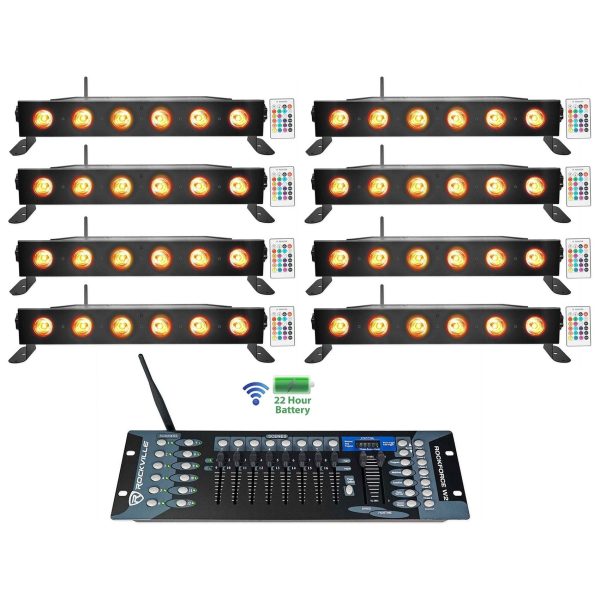 8) Rockville BEST STRIP 60 Black Rechargeable Light Bars+Wireless DMX Controller Supply