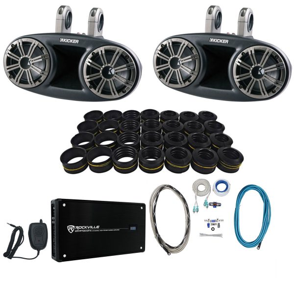 Kicker 41KMT674 6.75  Marine Wakeboard Speakers+Tweeters+4 Ch Amplifier+Amp Kit Sale