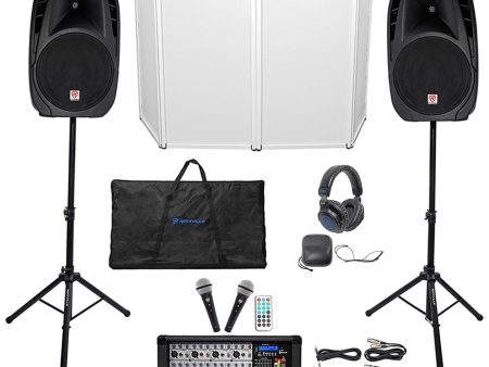 Rockville RPG2X15 Mixer Amp+15  Bluetooth Speakers+Stands+Mics+Headphones+Facade on Sale