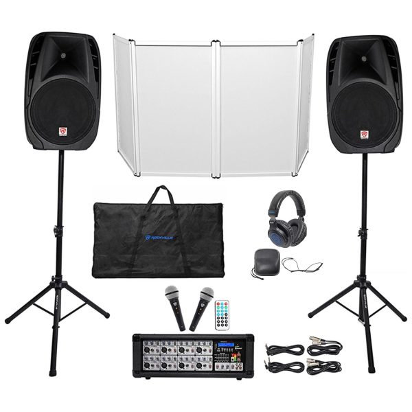 Rockville RPG2X15 Mixer Amp+15  Bluetooth Speakers+Stands+Mics+Headphones+Facade on Sale