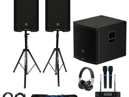 (2) Mackie SRT210 10” 1600 Watt Powered DJ PA Speakers+Stands+Sub+Headphones+Mic Sale