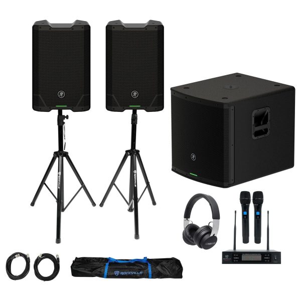 (2) Mackie SRT210 10” 1600 Watt Powered DJ PA Speakers+Stands+Sub+Headphones+Mic Sale