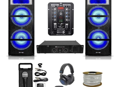 DJ Package w  (2) Dual 15  1800 Watt LED Speakers+Amplifier+Mixer+Mic+Headphones Fashion