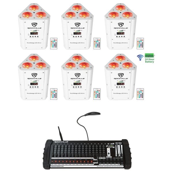 (6) Rockville RockWedge White LED Battery Lights+384 Ch. Wireless DMX Controller Discount