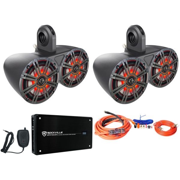 Pair Dual Kicker 43KM654LCW 6.5  780w LED Wakeboard Speakers+4-Channel Amplifier Supply