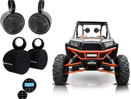 (2) Rockville 5.25  Tower Speakers+Covers+Bluetooth Receiver For RZR ATV UTV Cheap