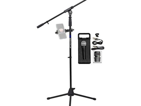 Rockville Karaoke Microphone Stand w Boom+Mic+360° Swivel Smartphone Mount Clamp For Cheap