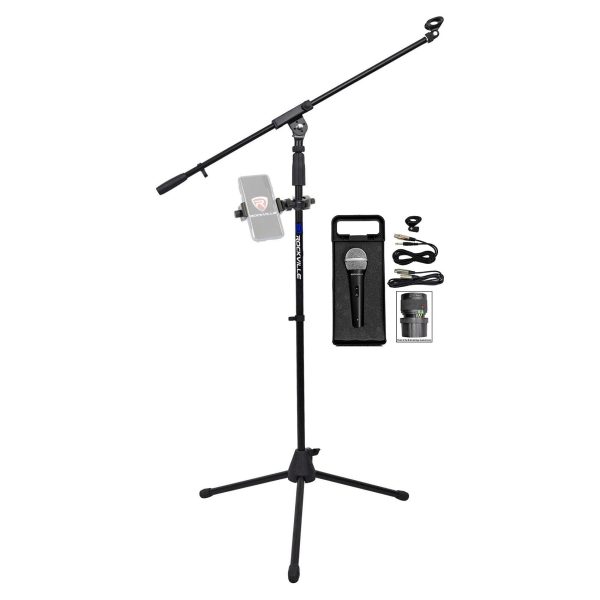 Rockville Karaoke Microphone Stand w Boom+Mic+360° Swivel Smartphone Mount Clamp For Cheap