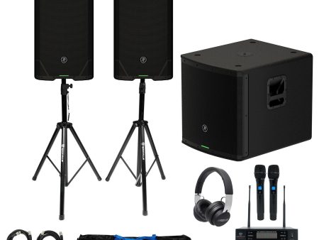 (2) Mackie SRT215 15” 1600 Watt Powered DJ PA Speakers+Stands+Sub+Headphones+Mic Sale