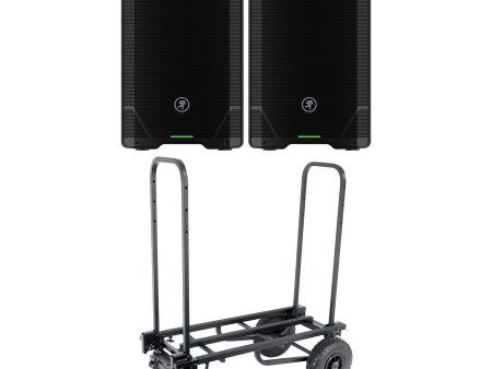 2) Mackie SRT212 12” 1600 Watt Powered DJ PA Speakers w Bluetooth+Transport Cart on Sale