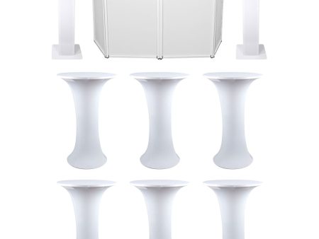 (6) Club Scene Highboy Tables w White Scrim+Carry Bag+DJ Facade+(2) Totem Stands For Cheap