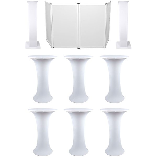 (6) Club Scene Highboy Tables w White Scrim+Carry Bag+DJ Facade+(2) Totem Stands For Cheap