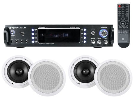 Rockville RPA60BT Home Theater Bluetooth Receiver + (4) 8  In-Ceiling Speakers Sale