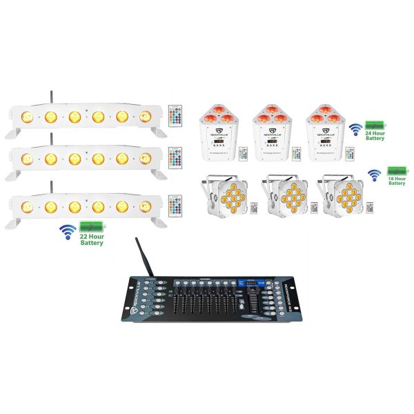 (3) Rockville BEST PAR+STRIP+WEDGE White Wireless DMX Battery Lights+Controller Online Sale