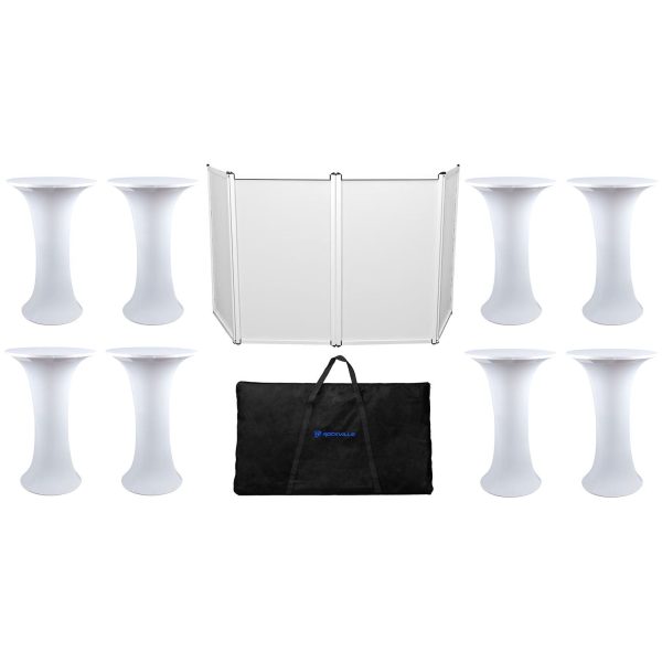 (8) Eliminator Club Scene Highboy Tables w White Scrim+Carry Bag+DJ Facade For Sale