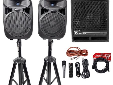 Rockville RPG082K Dual 8  Powered PA DJ Speakers Bluetooth+Mic+Stands+Cables+Sub For Discount