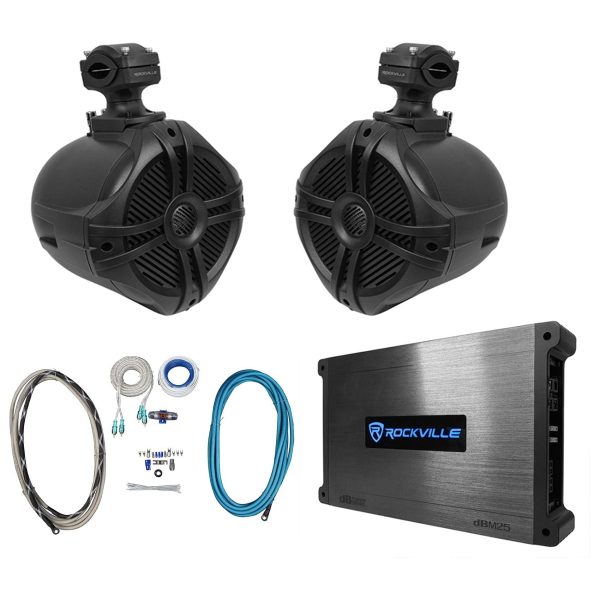 (2) Rockville RWB70B Black 6.5  Marine Wakeboard Swivel Tower Speakers+Amplifier Sale