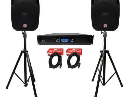 (2) Rockville SPGN154 15  1600W DJ PA Speakers+Power Amplifier+Stands+Cables For Cheap