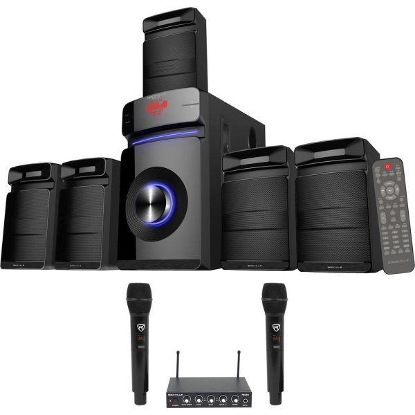 Rockville Hybrid Home Theater Karaoke Machine System w 5.25  Sub+2 Wireless Mics on Sale