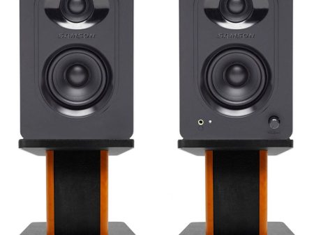 (2) SAMSON M30 Studio Computer Podcast Reference Monitors Speakers+Wood Stands For Cheap