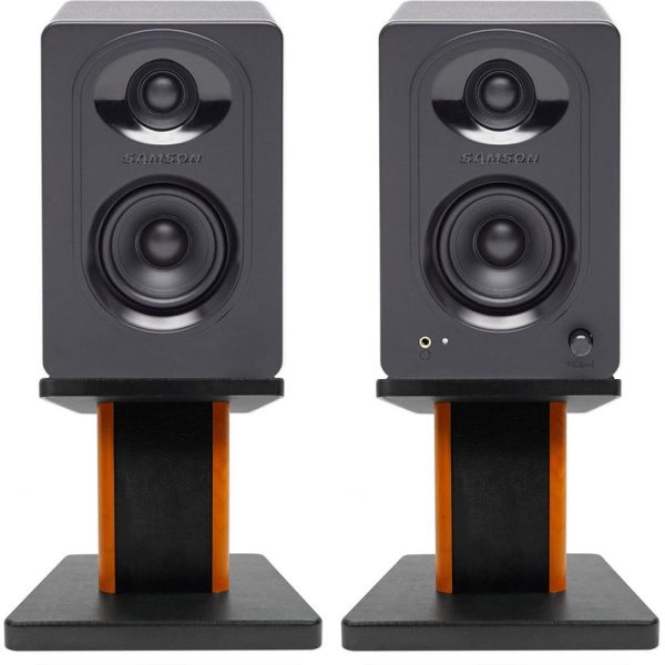 (2) SAMSON M30 Studio Computer Podcast Reference Monitors Speakers+Wood Stands For Cheap