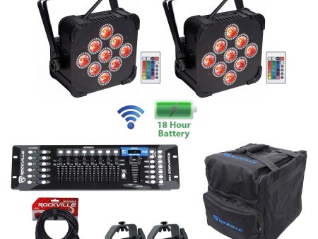 (2) Rockville BEST PAR 60 Rechargable Wash Lights w  Wireless DMX+Bag+Controller Supply