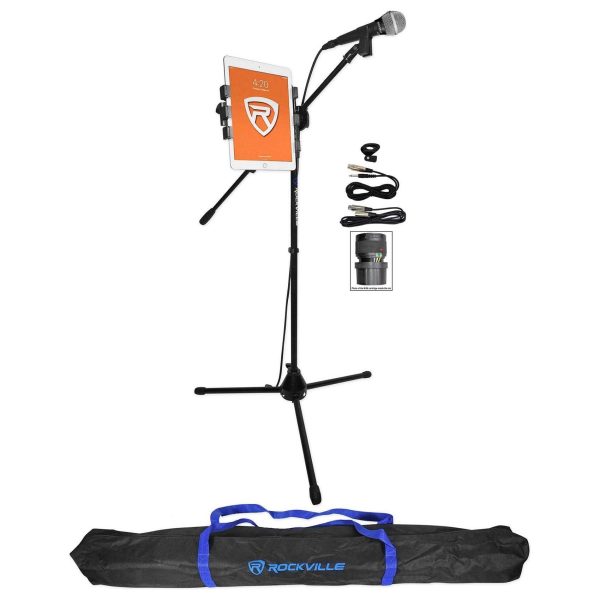 Rockville Tripod Karaoke Microphone Stand+Mic w iPad Tablet Clip Mount+Carry Bag Online now