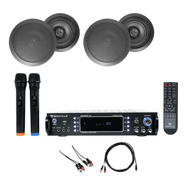 Rockville RPA70WBT Bluetooth Karaoke Amplifier+4) 8  Black Ceiling Speakers+Mics Online