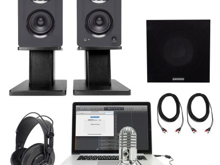 2) Samson Podcasting Podcast Recording Monitors+Stands+Sub+Headphones+Meteor Mic Online