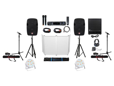 2) 12  DJ Speakers+Sub+Amplifier+Headphones+Facade+Par Lights+Mics+Stands+Cables For Discount