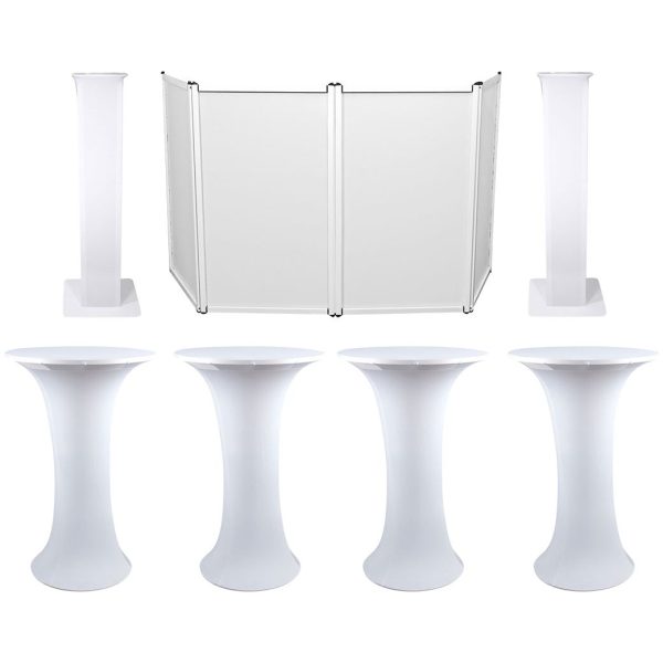 (4) Club Scene Highboy Tables w White Scrim+Carry Bag+DJ Facade+(2) Totem Stands Sale