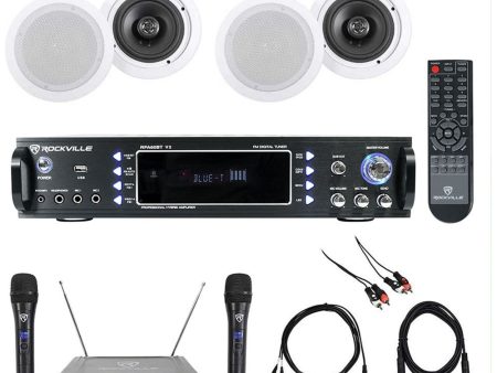 Rockville 1000w Karaoke Bluetooth Amp Mixer+ (4) Ceiling Speakers+Wireless Mics For Discount