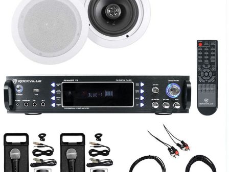 Rockville 1000w Karaoke Bluetooth Amp Mixer+(2) Ceiling Speakers+(2) Microphones Supply