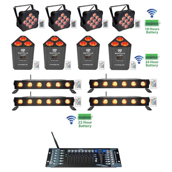 4 Rockville BEST PAR+BEST STRIP+ROCKWEDGE Wireless DMX Battery Lights+Controller on Sale