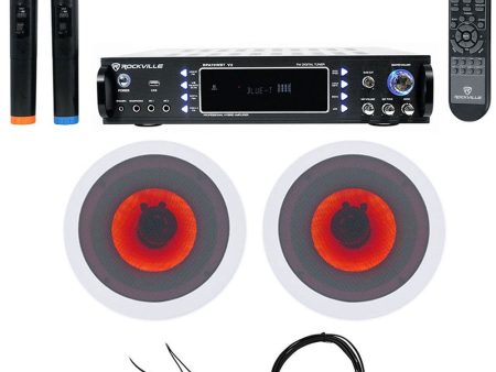 Rockville Bluetooth Karaoke Amplifier Receiver+2) 6.5  LED Ceiling Speakers+Mics Online Hot Sale