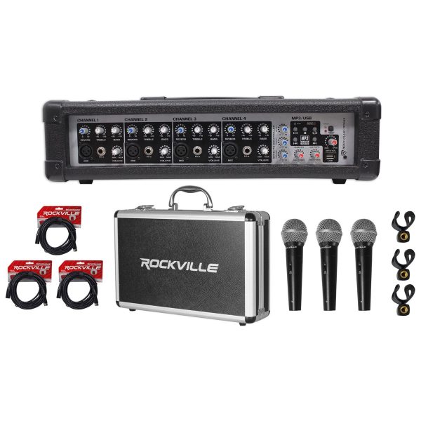 Rockville RPM45 1800 Watt Powered 4 Channel Mixer Amplifier+(3) Mics+Case+Cables on Sale