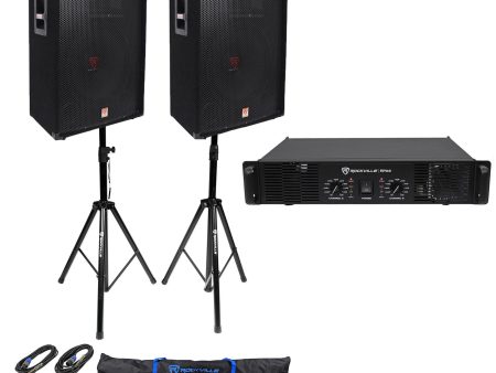 (2) Rockville RSG15 15  PA Speakers + Rockville RPA9 Amp + Stands + Cables+Case For Discount