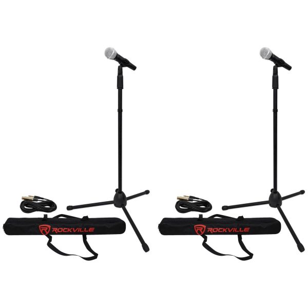 (2) Rockville Pro Mic Kit 1 Metal Microphones + Mic Stands + Carry Bags + Cables Online now