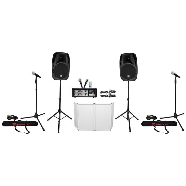 Rockville RPG2X15 PA System Mixer Amp+15  Speakers+Stands+Mics+Bluetooth+Facade Cheap