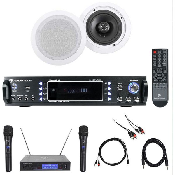 Rockville 1000w Karaoke Bluetooth Amp Mixer +(2) Ceiling Speakers+Wireless Mics Online now