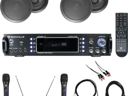 1000w Karaoke Bluetooth Amp Mixer+ (4) Black Ceiling Speakers+Wireless Mics For Cheap