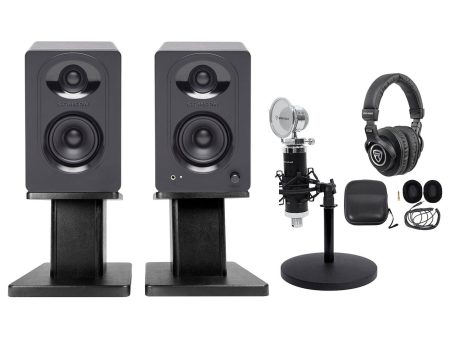 SAMSON Studio Monitors+Desk Stands+Recording Mic+Headphones 4 Podcast Podcasting Cheap