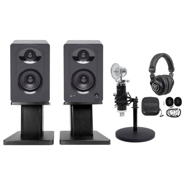 SAMSON Studio Monitors+Desk Stands+Recording Mic+Headphones 4 Podcast Podcasting Cheap