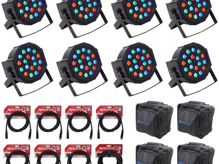 (8) Rockville FHB-118 LED RGB DMX LED PAR Can Wash Lights+(8) Cables+Carry Bags Hot on Sale