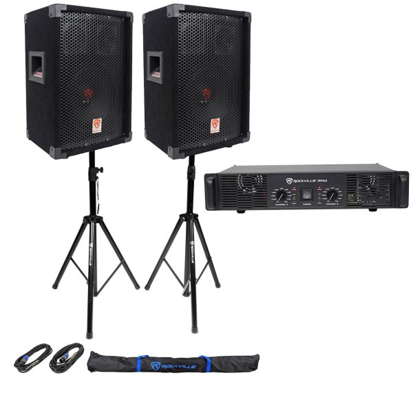 (2) Rockville RSG8 DJ PA Speaker + Rockville RPA5 Amp + Stands + Cables + Case Online Sale